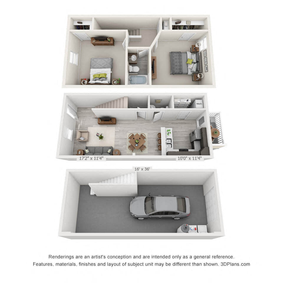Floor plan for 2 beds, 1.5 baths, 1024 sqft